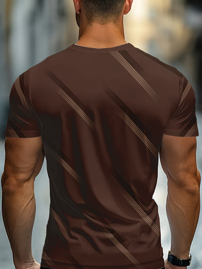 Men's Casual Striped T-Shirt - Brown with White Contrast Stripes, Regular Fit Round Neck, Machine Washable for Everyday Comfort, Summer Clothing, Modern Look, Nontransparent Fabric