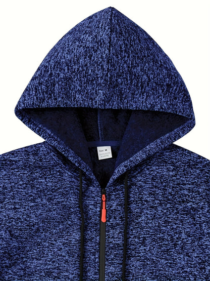 Men's Casual Sports Hoodie and Pants Set with Zipper, Drawstring, Fleece-Lined - Polyester Blend, Machine Washable