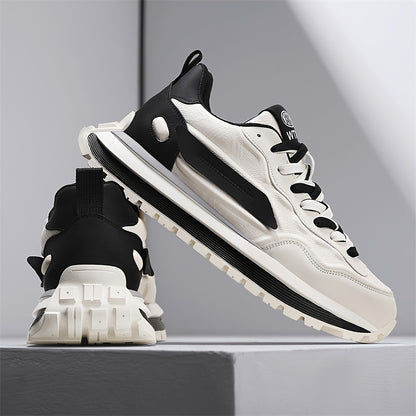 Men's Breathable Casual Sneakers - Trendy Low-Top Lace-Up Sneakers with Soft Rubber Sole, White & Black Design for Spring/Summer, Perfect for Running and Casual Attire, Versatile Running Footwear | Sporty Aesthetic Shoes | Co