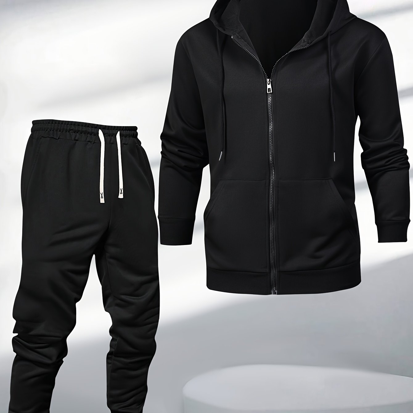 Men's Two-Piece Sportswear Suit: Zipper Hoodie + Sweatpants Set, Spring/Autumn Solid Color Regular Long Sleeve Zipper Hoodie with Drawstring, Threaded Trousers, Casual Sportswear Two-Piece Set