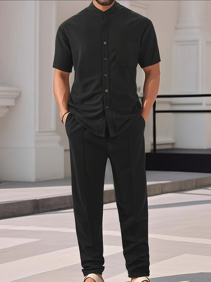 Men'S Two-Piece Set Featuring a Short-Sleeve Cardigan with Pockets And Drawstring Pocket Long Pants, Perfect for a Clean And Comfortable Summer.