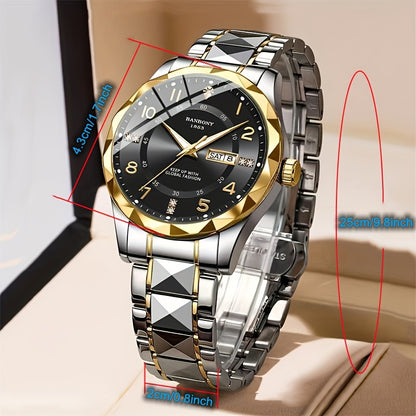 1 New BANBONY Brand Unisex Stainless Steel Quartz Watch with HD Scratch-Resistant Rhinestone-Embellished Simple Digital Round Dial, Luminous Display Date Calendar Battery-Powered Multifunctional Fully Automatic Wristwatch for