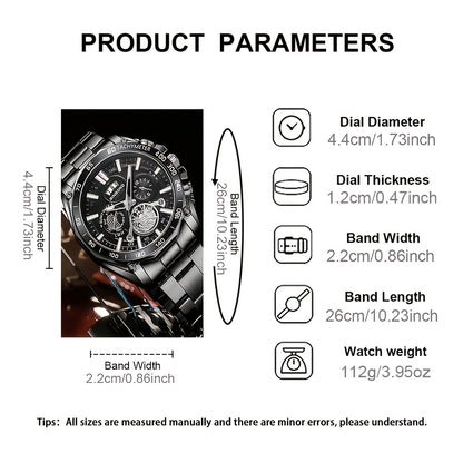 BINBOND Men's Luxury Quartz Watch - Sleek Black, Waterproof with Calendar & Luminous Hands, Stainless Steel Band, Date Display, Chronograph & World Time Features for Business Casual