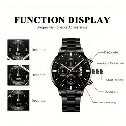 Men'S Business Round Quartz Watch with Calendar Display, Black Stainless Steel Strap, Electronic Movement, Perfect Gift for Valentine'S Day, Easter, Halloween, Ramadan, Birthdays, Christmas