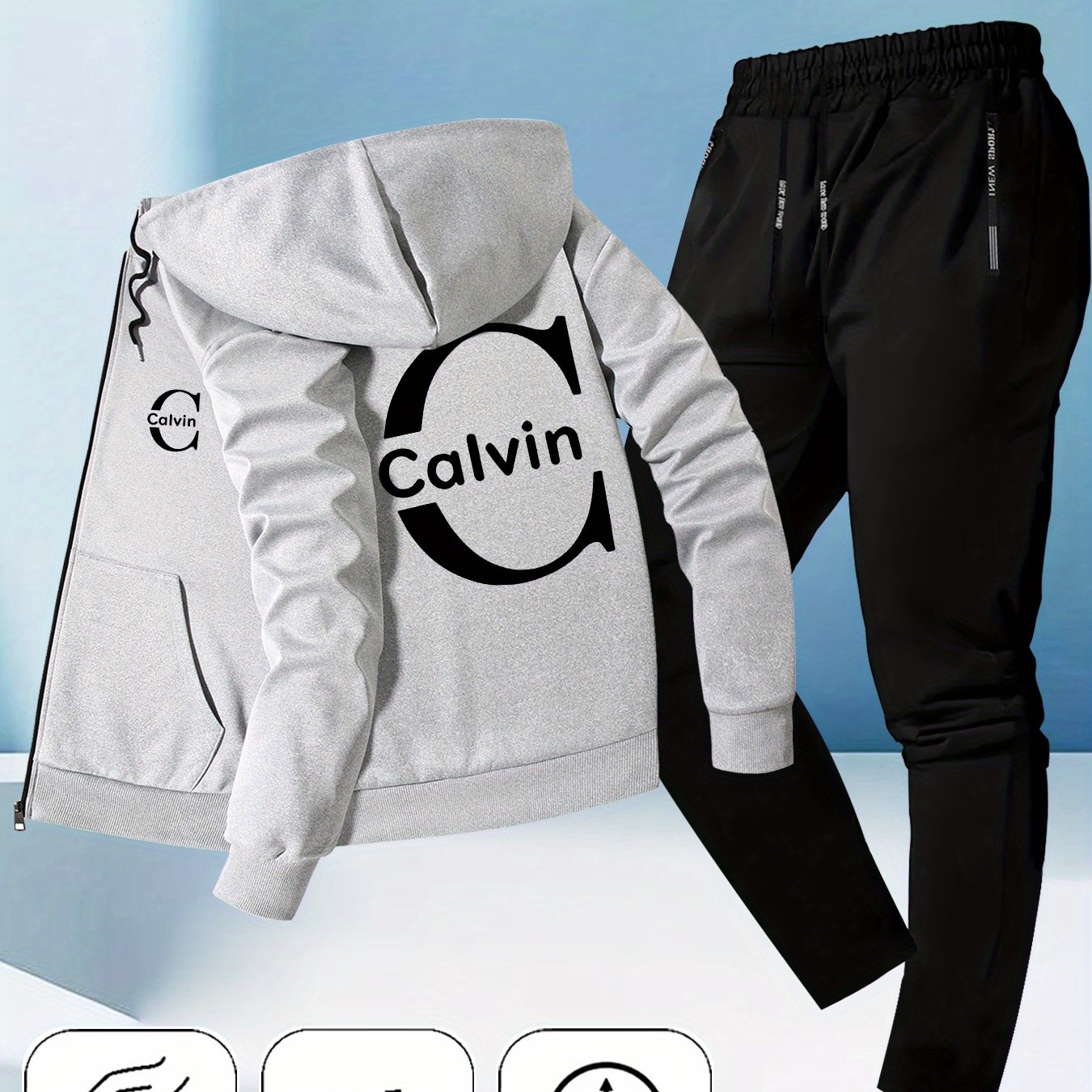 Men's Trendy Autumn-Winter Hooded Jacket Set with Calvin Print, Casual Youth Sportswear Outfit