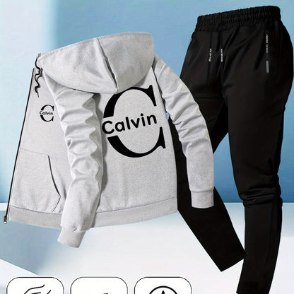 Men's Trendy Autumn-Winter Hooded Jacket Set with Calvin Print, Casual Youth Sportswear Outfit