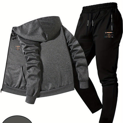 Men'S Trendy Fall/Winter Hooded Jacket Two-Piece Set Calvin Print, Casual Youth Casual Sports Jacket Set