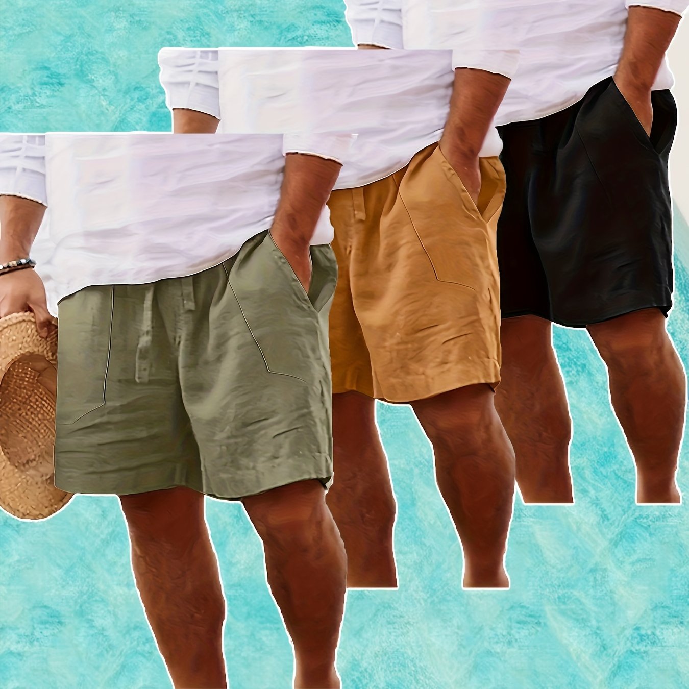 Men's Summer Cotton Drawstring Elastic Waist Straight-Leg Solid Color Breathable Casual Beach Shorts - 3pcs
