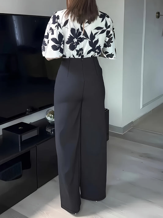 Women's Elegant Printed Short Sleeve Round Neck Shirt and Long Pants Set