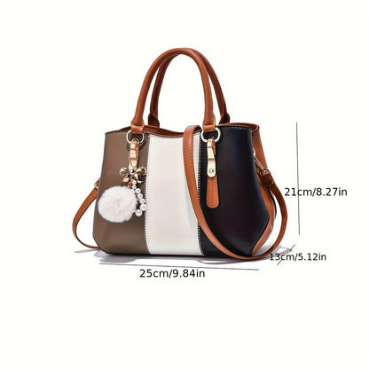 Stylish Women'S Shoulder Bag with Detachable Strap - Large Capacity, Geometric Pattern, White, Blue, and Brown, Perfect for Work, Parties, and Everyday Use, Party Accessory | Geometric Pattern Bag | Durable Zipper Closure, Pu