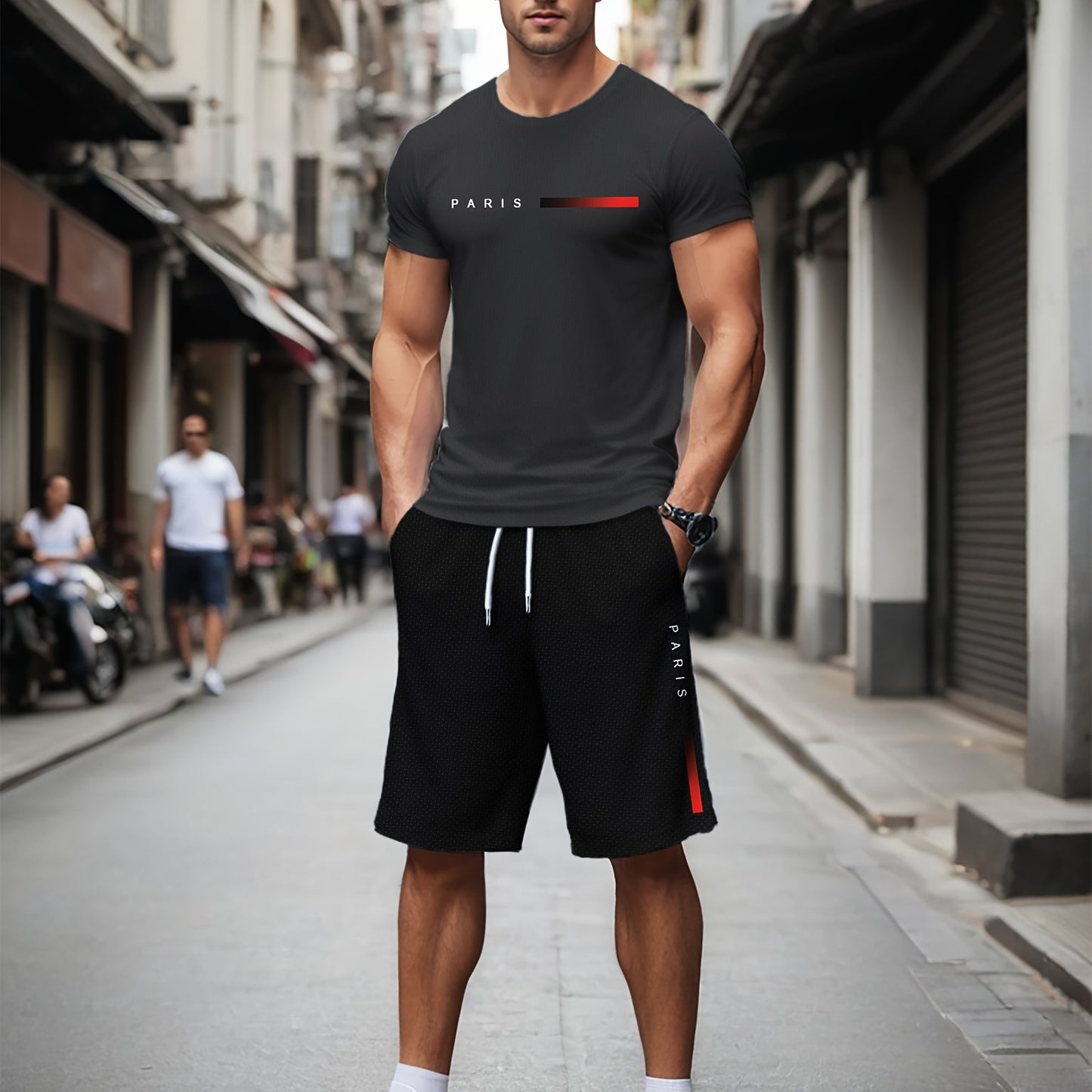Men'S Summer Sports Workout Set - Crew Neck Short Sleeve T-Shirt & Shorts with "PARIS" Print, Striped Pattern, Knit Fabric, Slight Stretch, Polyester & Spandex Blend, Regular Fit