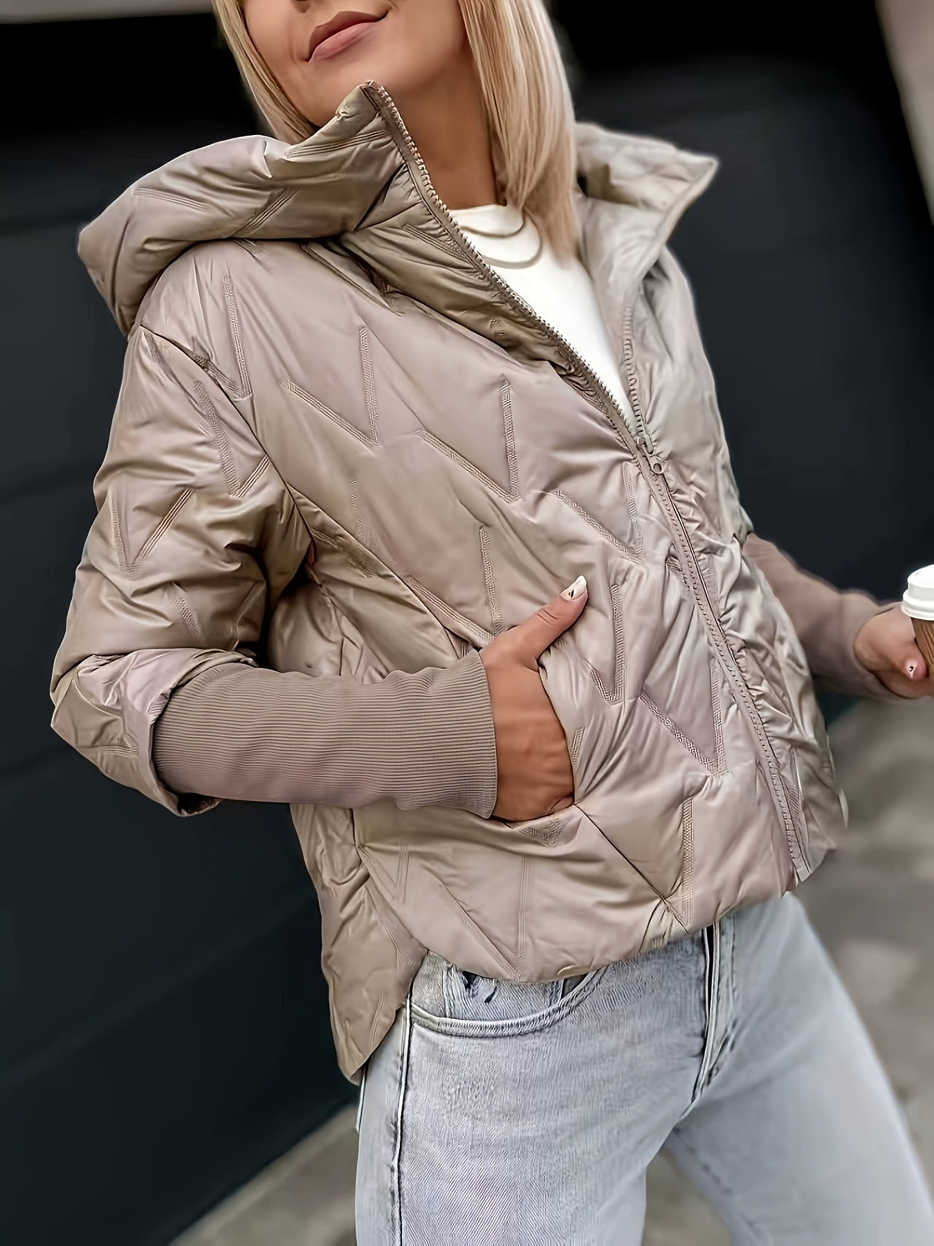 Women's Full-Zip Hooded Jacket - Beige Winter Coat with Full-Zip Front Closure, Machine Washable Long Sleeve Outerwear, Casual Warm Coat for Cold Weather, Windproof Blazer (No Belt/Hardware) - Versatile for Jeans & Dresses, J
