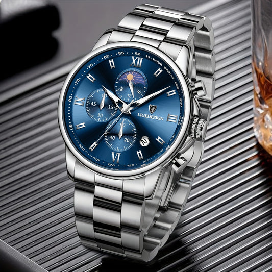 LIGE Black Blue Quartz Watch with Calendar, Exquisite & Simple Dial Stainless Steel Strap Multiple Colors High-quality Wrist Watch