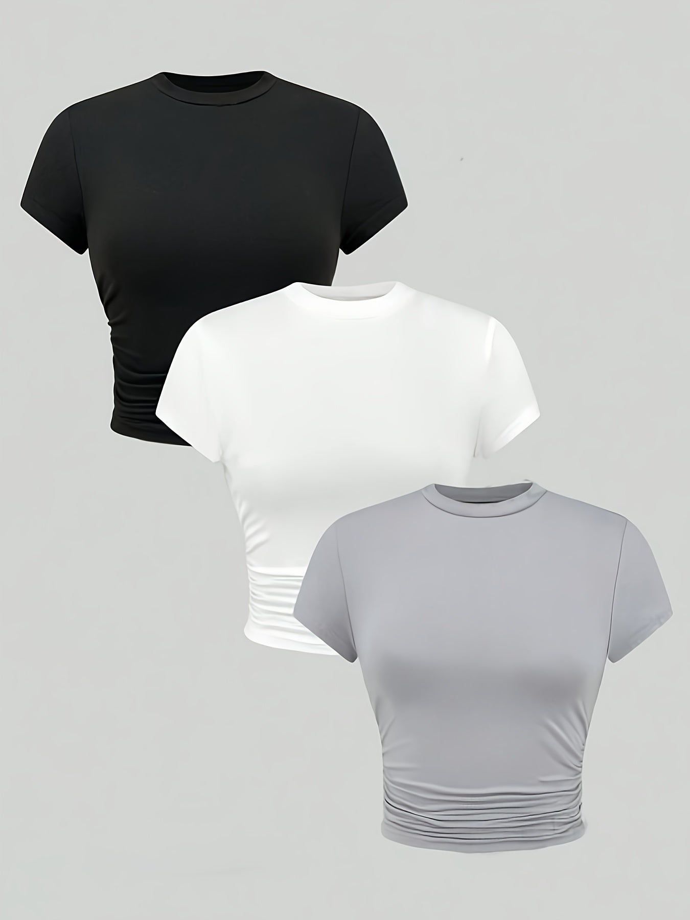 Girls' 3pcs Slim Fit Short Sleeve T-Shirts - Casual Round Neck, Stretchy Polyester, Machine Washable - Perfect for Spring/Summer/Fall