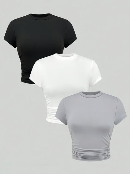 Girls' 3pcs Slim Fit Short Sleeve T-Shirts - Casual Round Neck, Stretchy Polyester, Machine Washable - Perfect for Spring/Summer/Fall