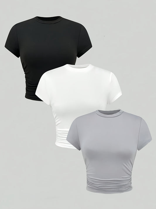 Girls' 3pcs Slim Fit Short Sleeve T-Shirts - Casual Round Neck, Stretchy Polyester, Machine Washable - Perfect for Spring/Summer/Fall