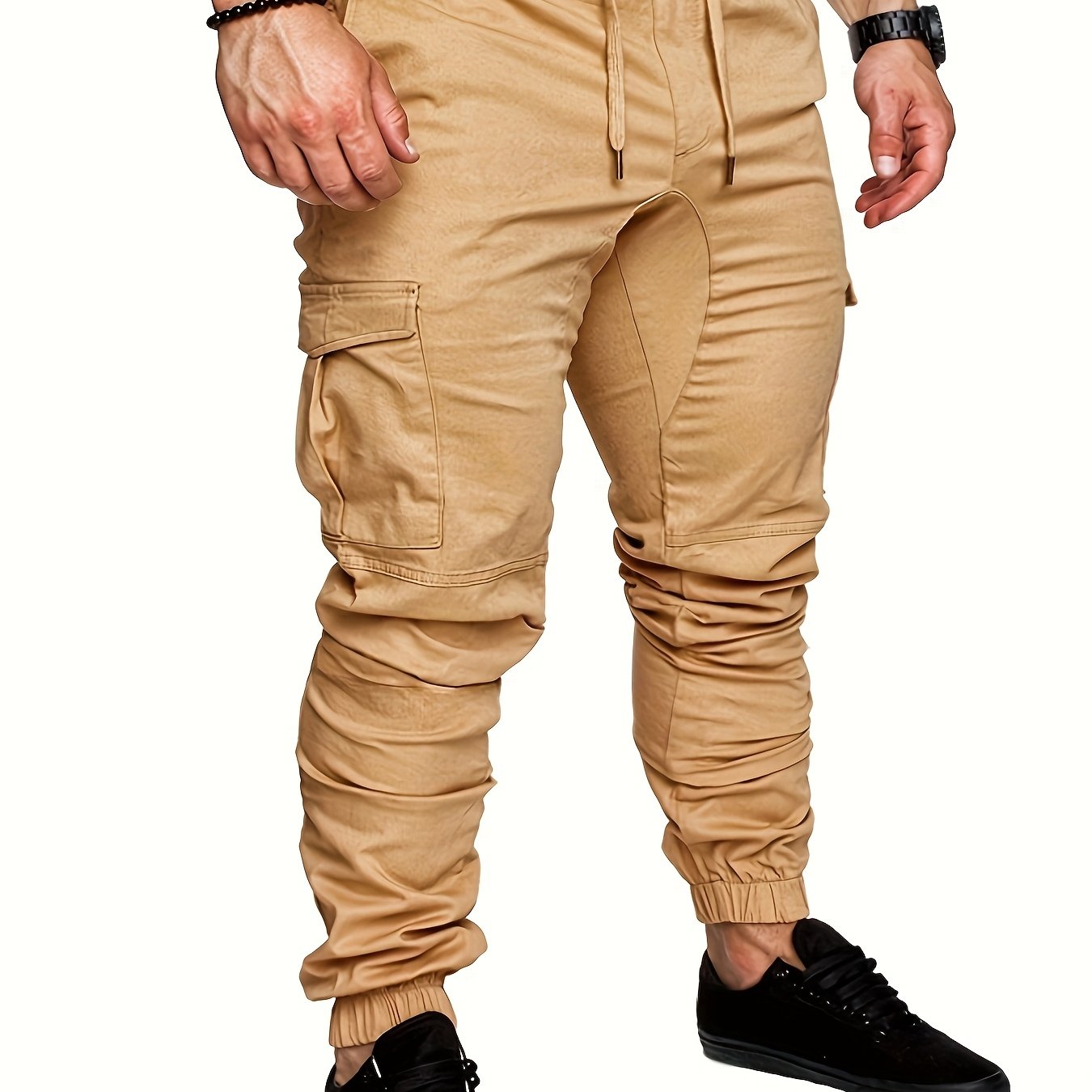 Men'S Casual Cargo Pants, 95% Cotton 5% Spandex, Skinny Fit, Solid Color, Long Length, Woven Fabric, Non-Stretch, with Pockets, 215g/m² Weight