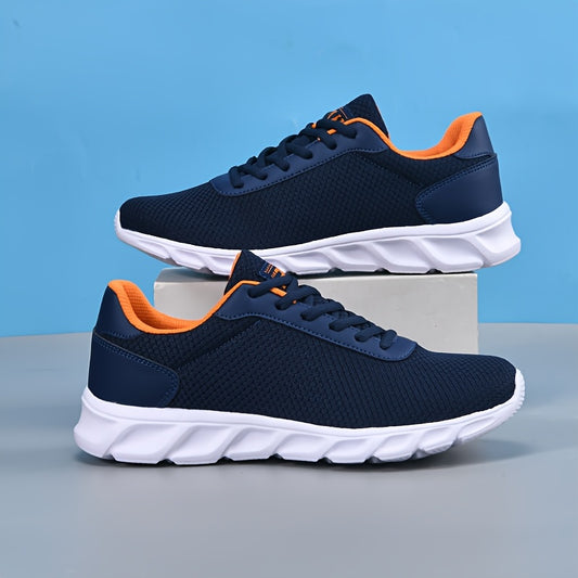 Breathable Mesh Sneakers in Navy Blue with Orange Accents, Comfortable Sole Running Shoes for Spring/Summer