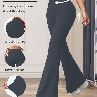 High-Waisted Flared Leggings for Women - Stretchy Black Polyester Pants with Tummy Control, Slimming Fit, and Breathable Design for Spring/Summer/Fall Casual Wear, Spring Summer Leggings | Fitted Leggings | Elastic Waistband