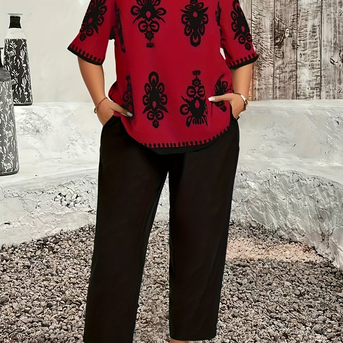 Plus Size Casual Country Print Loose Long Sleeve Pullover and Pants Two-Piece Set, Elegant Autumn Leonie