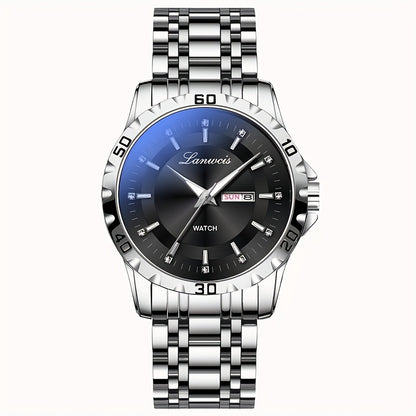 Luxury Men'S Quartz Watch - Sleek Round Dial with Dual Calendar, Luminous, Waterproof, Stainless Steel Band - Ideal Business Gift, Business Gift Watch|Minimalist Timepiece|Luminous Watch Face, Watch Accessories
