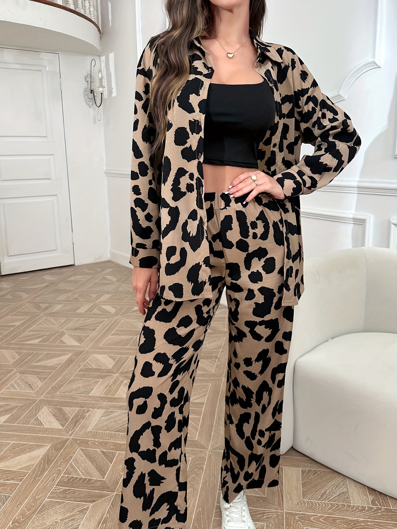 Elegant Women's Leopard Print Pants Set - Polyester Woven Suit with Notched Collar, All-Season Fashion Statement