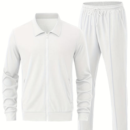 Men's Solid Waffle 2pcs Athletic Outfits, Zip-up Jacket & Pants co ord set for Outdoor Sports