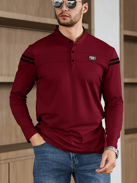 Men'S Casual Long Sleeve T-Shirt - Solid Color with Stand Collar & Stripe Polo, Button-Up Front, Ideal for Outdoor Activities