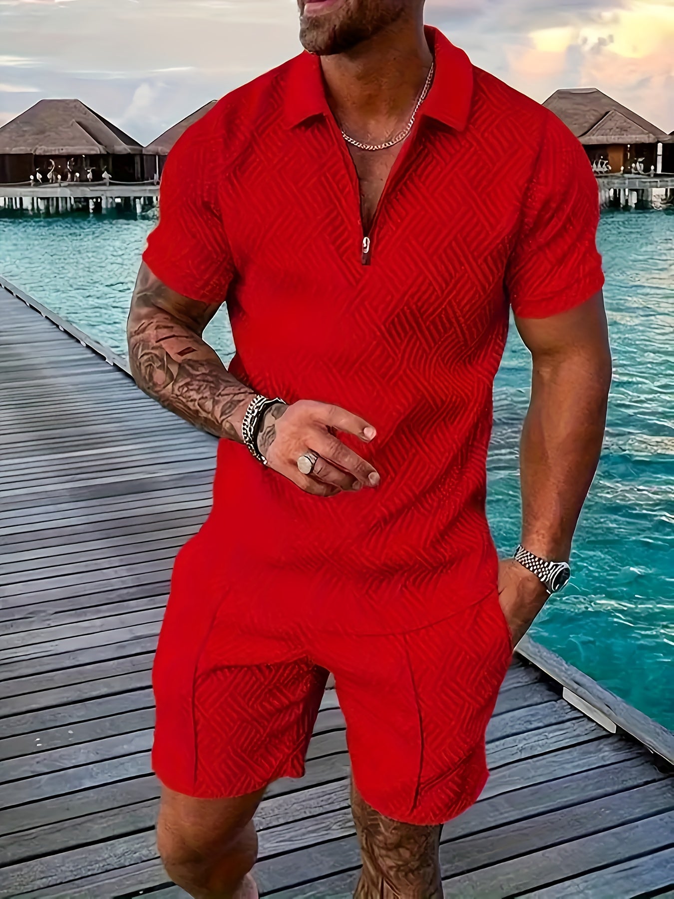 Men'S Tropical Print Casual Suit - Black Short Sleeve Zipper Shirt with White Pockets Shorts, Polyester, Machine Washable, Summer Beachwear, Summer Wear | Relaxed Fit Shirt | Woven Texture