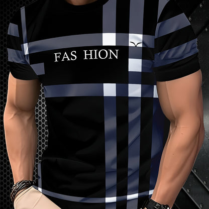 Men'S Casual "FAS HION" Graphic T-Shirt - Black & Blue Plaid, Short Sleeve, Round Neck, All-Season Comfort Fit, Casual Attire | Plaid Pattern Top | Comfortable Fit Shirt