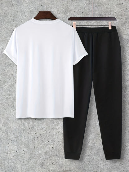 2pcs Set, Men'S Casual Loungewear, Gift, Fashion Print, Round Neck T-Shirt with Drawstring Pants, Outfit