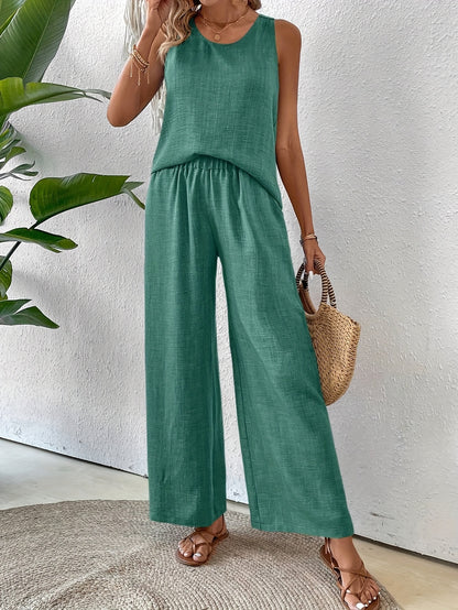 Women'S Summer Backless Cut-Out Panel Tank Top + Wide Leg Pants Set - Casual, Simple, Sleeveless, Polyester, Light Beige, Perfect for Spring/Summer, Casual Attire|Backless Top|Polyester Fabri