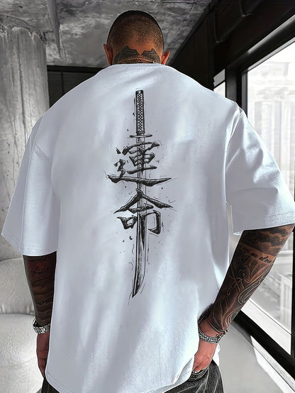 Men'S Japanese Samurai Sword Graphic T-Shirt - Casual Loose Fit Crew Neck, Short Sleeve Tee with Red Stylized Japanese Katanas Design, Breathable Polyester for Spring & Summer Outdoor Wear