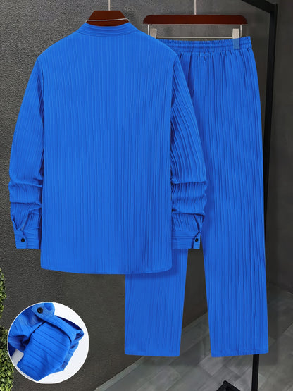 Men'S Two-Piece Set Featuring Textured Fabric, Versatile Long-Sleeve Shirt with Ear Loops, And Loose Drawstring Casual Pants.