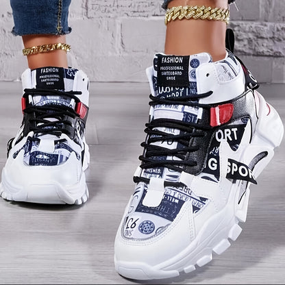 Women'S Comfortable Geometric Patterned Sports Shoes - Lightweight, All-Season, Mid Top, Lace Up, Plain Toe, Polyurethane Upper, Fabric Inner and Insole, MD Sole, Random Printing