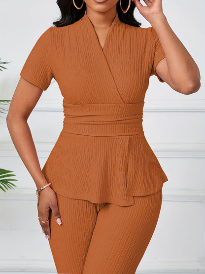 Women's Elegant Casual Solid Color Textured Pants Set