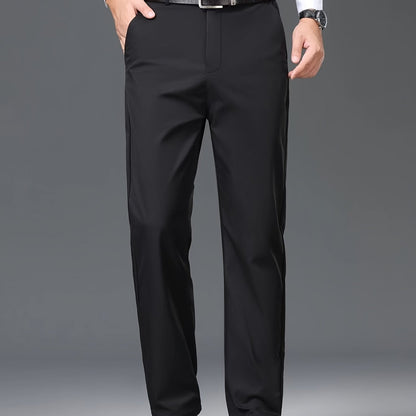 1pc Men'S Spring/Fall Light Business Casual Straight Leg Pants, 100% Polyester, Solid Color, Slight Stretch, Mid Waist, Regular Fit, Zipper Fly, Woven, No Lining - Versatile for Work and Casual Occasions