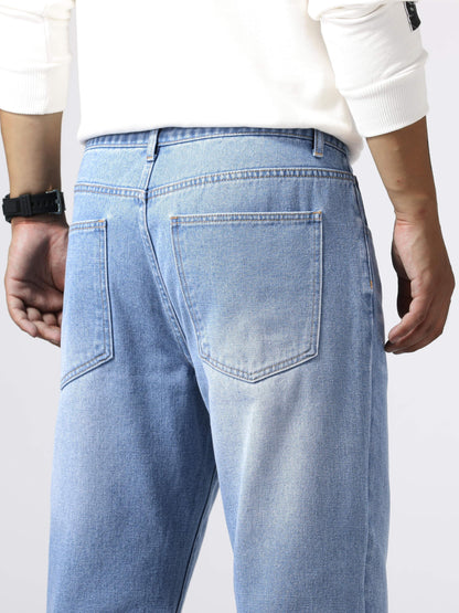 Men'S Loose Fit Straight Leg Jeans, Cotton 85% Polyester 15% Denim, Washed Solid Color Casual Style