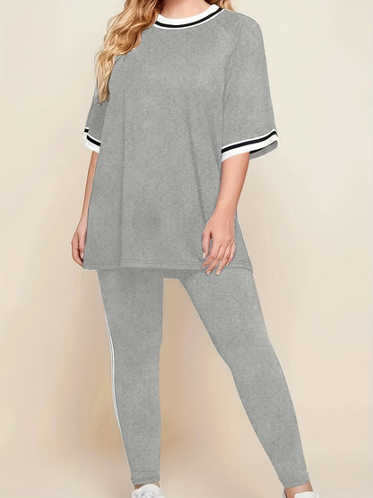 Women'S Plus Size Casual Lounge Set - Gray & White Striped Oversized T-Shirt with Matching Joggers, Comfortable All-Season Home Outfit, Joggers for Women