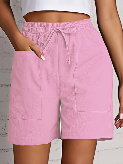 Women's Beige Cargo Shorts - Casual & Stylish, Solid Color with Drawstring Waist and Pockets, Polyester Blend, Machine Washable, All-Season Comfort