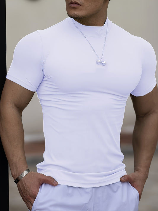 Men'S White Short Sleeve T-Shirt - Stretchy, Moisture-Wicking, Round Neck, Casual Fitness Wear for Summer, Sporty Style, Sportswear Tee | Sporty Neckline | Stretchy Fabric