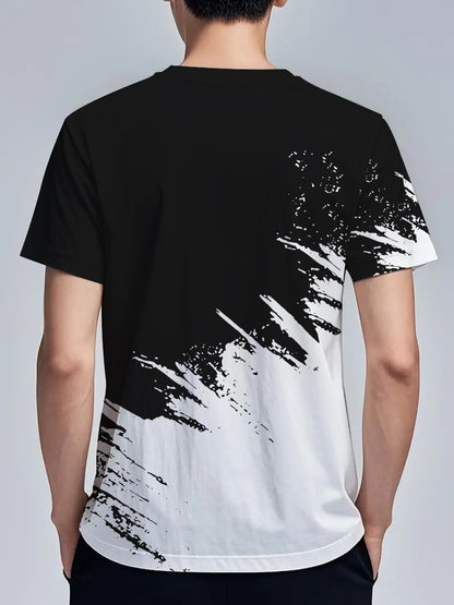 Men's Short-Sleeve T-Shirt with Bold Black & White Mountain Graphic Print - Breathable Summer Casual Tee, Regular Fit Round Neck, Hand Wash Only, Leisure Clothing, Modern Tee, Nontransparent Fabric, Daily Outfit, Creative Pat
