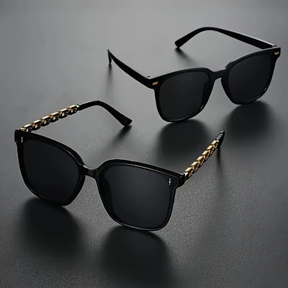 2pcs Men's Casual Fashion Glasses - Black with Golden Chain Accents, Oversized Retro Style, Lightweight & Durable for Everyday Fashion, Versatile for Casual & Formal Outfits, Stylish Glasses, Oversized Eyewear, Metallic Accen