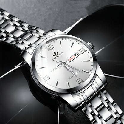 1pc New FOURRON Men's Stainless Steel Strap Quartz Watch - Large HD Scratch Resistant and Wear-Resistant Dial, IPX7 Waterproof, Luminous, Date & Calendar Function, Silent Movement, Stylish Gift for Him