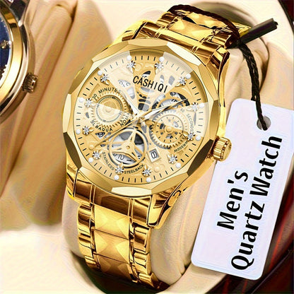 CASHIQI Brand Men'S Steel Strap Quartz Watch with Rhombus Dial, Sparkling Decoration, Calendar, And Luminous Display, IPX7 Waterproof Hollow Quartz Watch for Business, Travel, And Casual Wear - A Perfect Gift Choice.