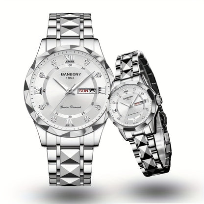 2pcs Couple Watch BANBONY Brand Trendy Fashion Men's and Women's Quartz Watch Stainless Steel Strap with Rhinestone Luminous High-definition Disc Waterproof Night Light Display Week Calendar Display Wristwatch Holiday Gift fo