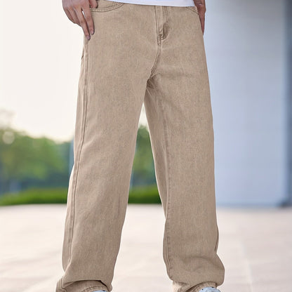 Men'S Casual Straight Leg Jeans, Loose Fit Denim Pants, 87% Cotton 7% Polyester 6% Viscose, All-Season Solid Color Washed Fabric, 290gsm Heavyweight - Gengyuanxuan #TB9005