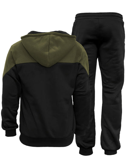 Men'S Autumn and Winter Fleece Sweatshirt Set with Hooded Drawstring Patchwork Sweatpants Casual Sporty Style Long Sleeve Jacket