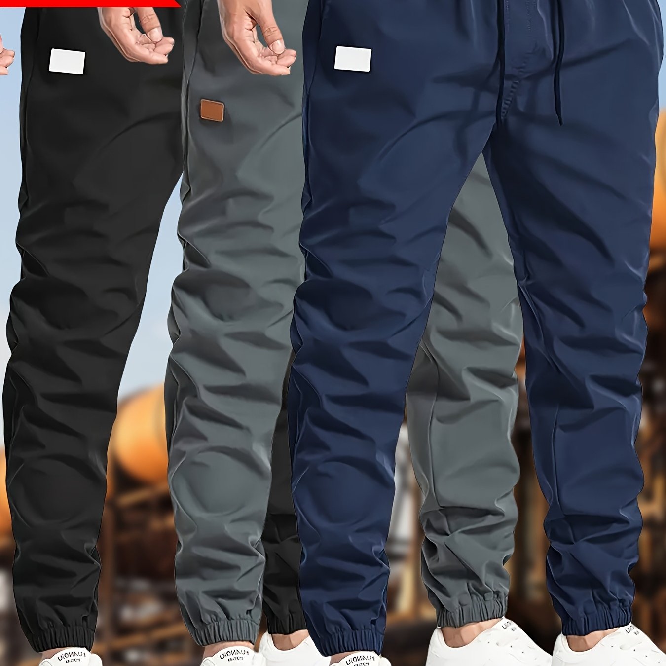 3pcs Men's Solid Color Drawstring Joggers - Casual Cargo Cropped Pants, Polyester, Machine Washable, in Black, Dark Gray, Olive Green with Patch Detail