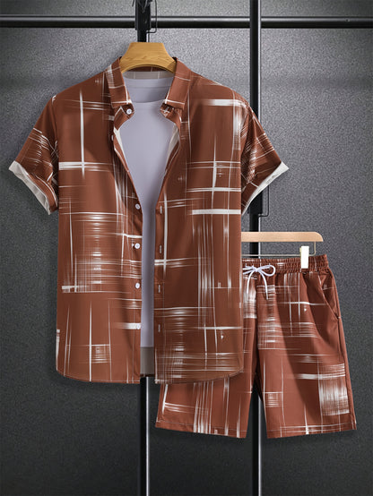 Men'S Stylish Gradient Shirt Set - Brown & White Geometric Pattern, Short Sleeve with Pocket, Loose Fit Shorts, Perfect for Beach, Camping, Fishing & Outdoor Activities, Casual Attire|Geometric Pattern Shirt|Woven Fabri